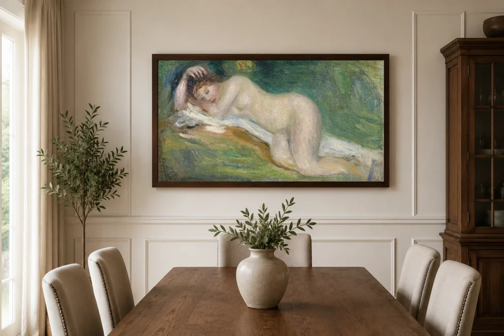 Framed print of Study of a Nude hanging on a wall in a furnished room