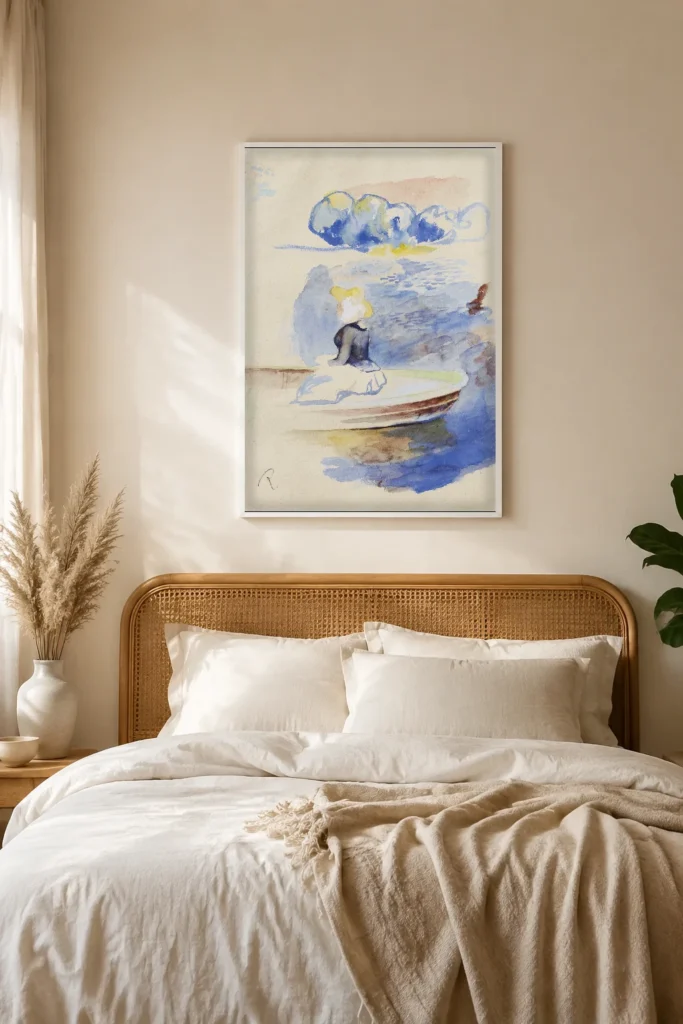 Framed print of Woman Seated in a Boat – Fragment hanging on a wall in a furnished room