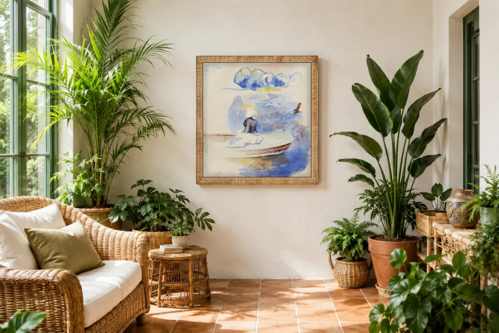 Framed print of Woman Seated in a Boat – Fragment hanging on a wall in a furnished room