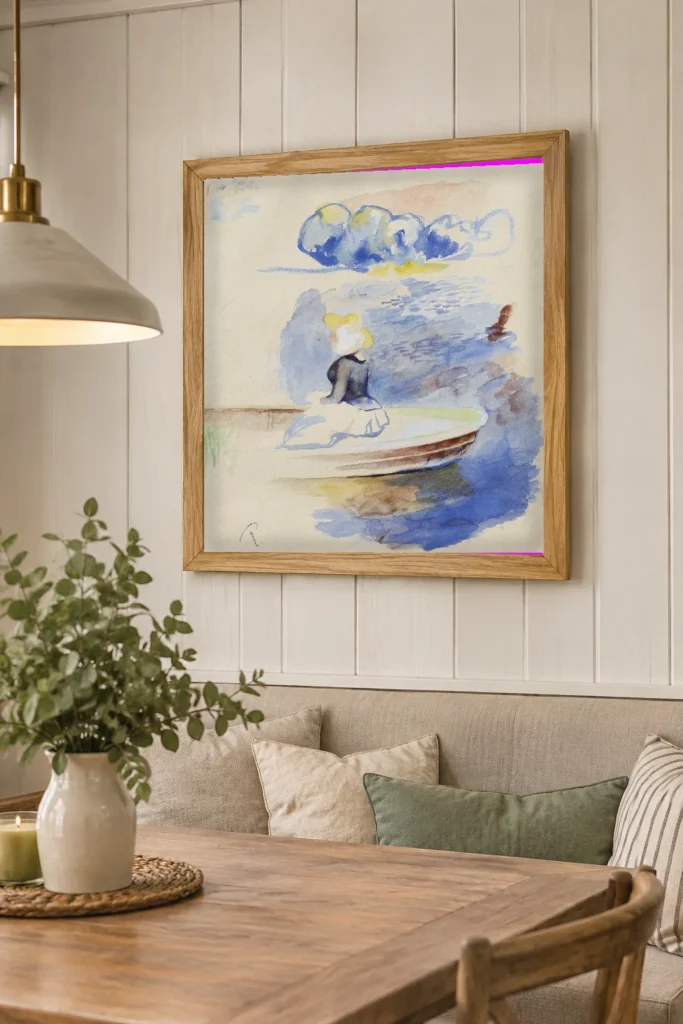 Framed print of Woman Seated in a Boat – Fragment hanging on a wall in a furnished room