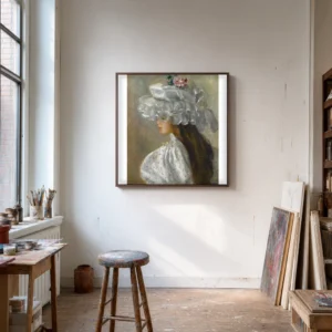 Framed print of Woman in a White Hat and White Dress hanging on a wall in a furnished room