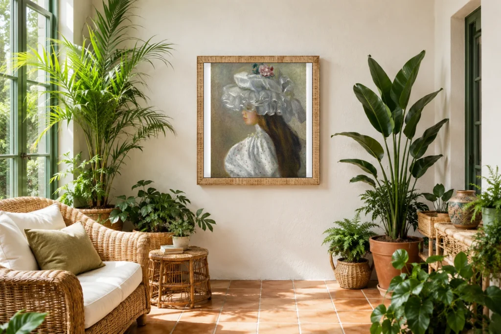 Framed print of Woman in a White Hat and White Dress hanging on a wall in a furnished room