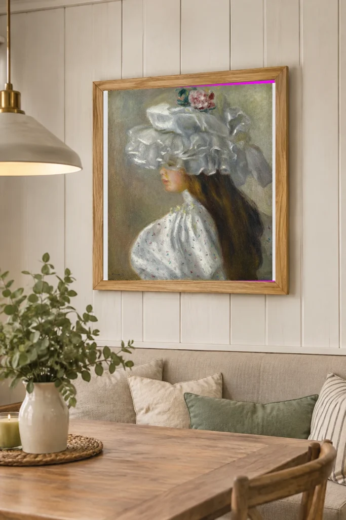 Framed print of Woman in a White Hat and White Dress hanging on a wall in a furnished room