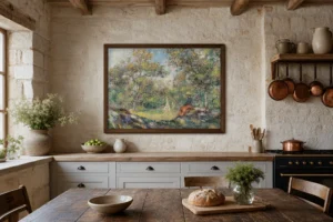 Framed print of Woman in a Landscape with Two Figures in the Background hanging on a wall in a furnished room