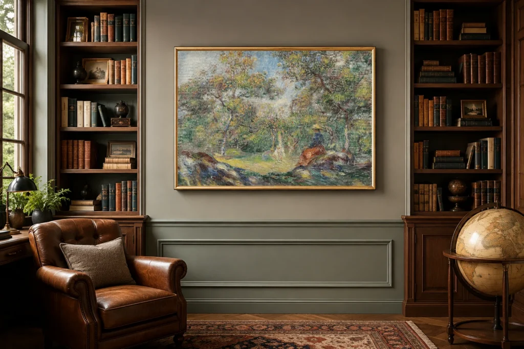 Framed print of Woman in a Landscape with Two Figures in the Background hanging on a wall in a furnished room