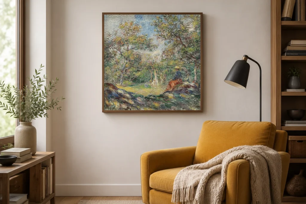 Framed print of Woman in a Landscape with Two Figures in the Background hanging on a wall in a furnished room