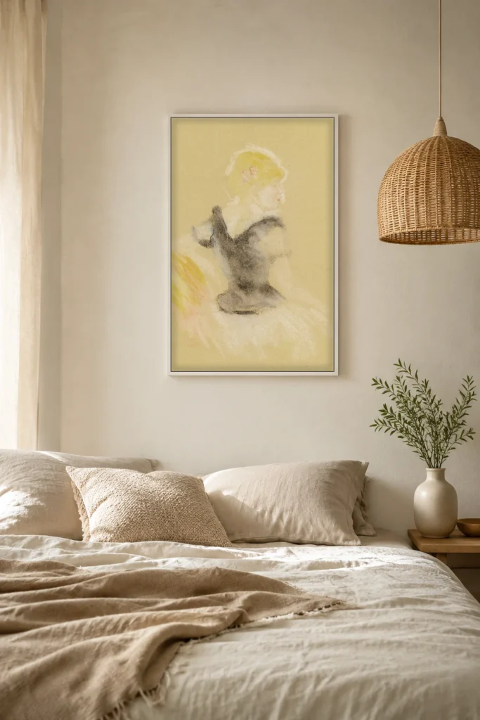 Framed print of Woman from Behind, Head in Profile to the Right hanging on a wall in a furnished room