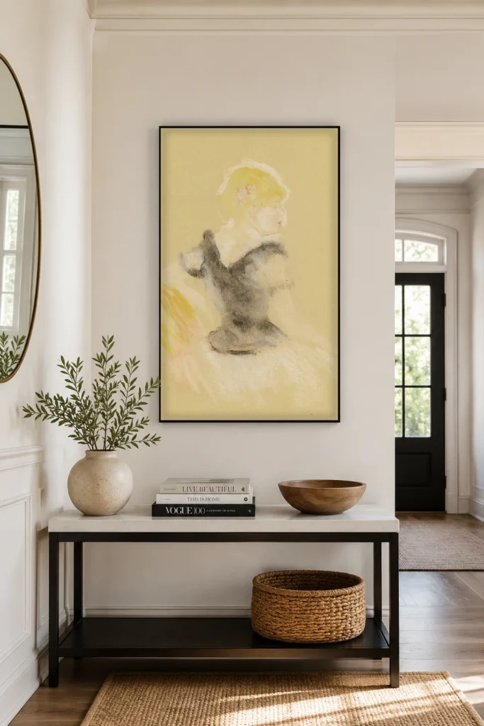 Framed print of Woman from Behind, Head in Profile to the Right hanging on a wall in a furnished room