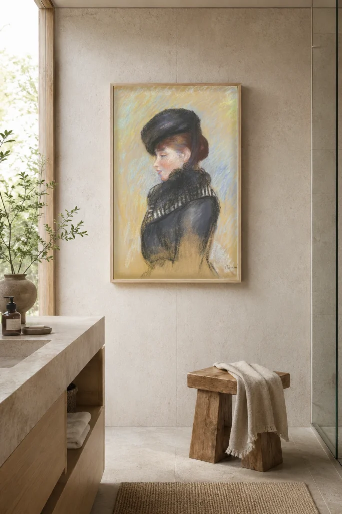 Framed print of Woman in a Black Toque hanging on a wall in a furnished room