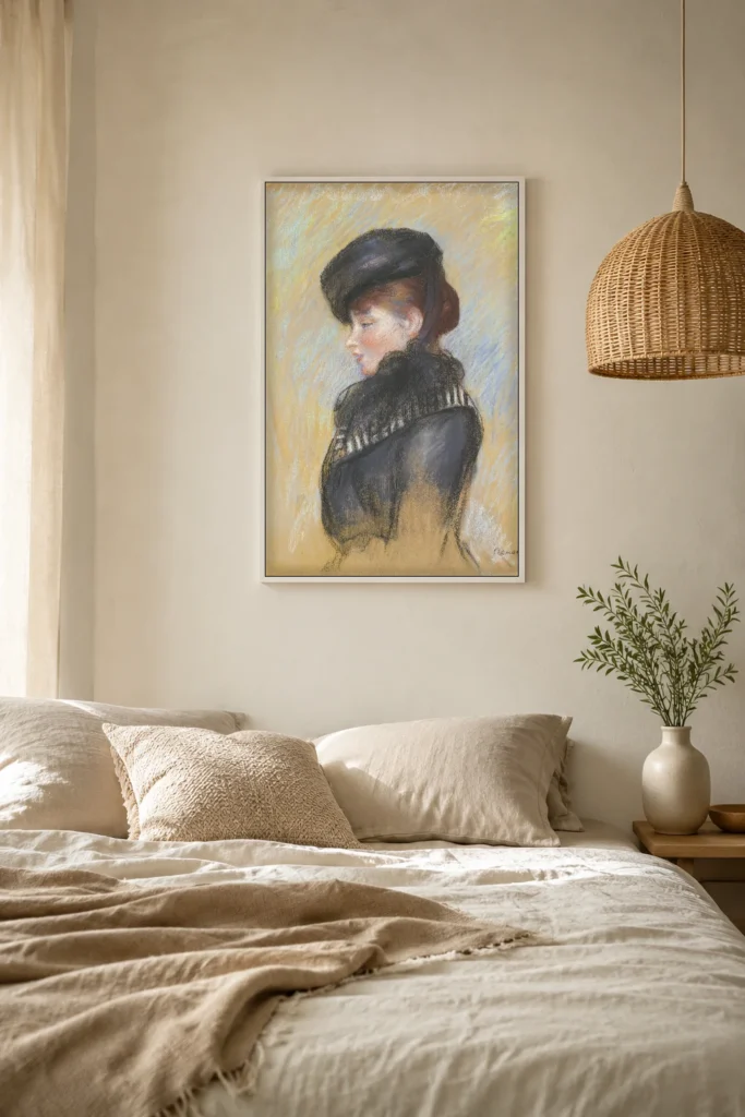 Framed print of Woman in a Black Toque hanging on a wall in a furnished room