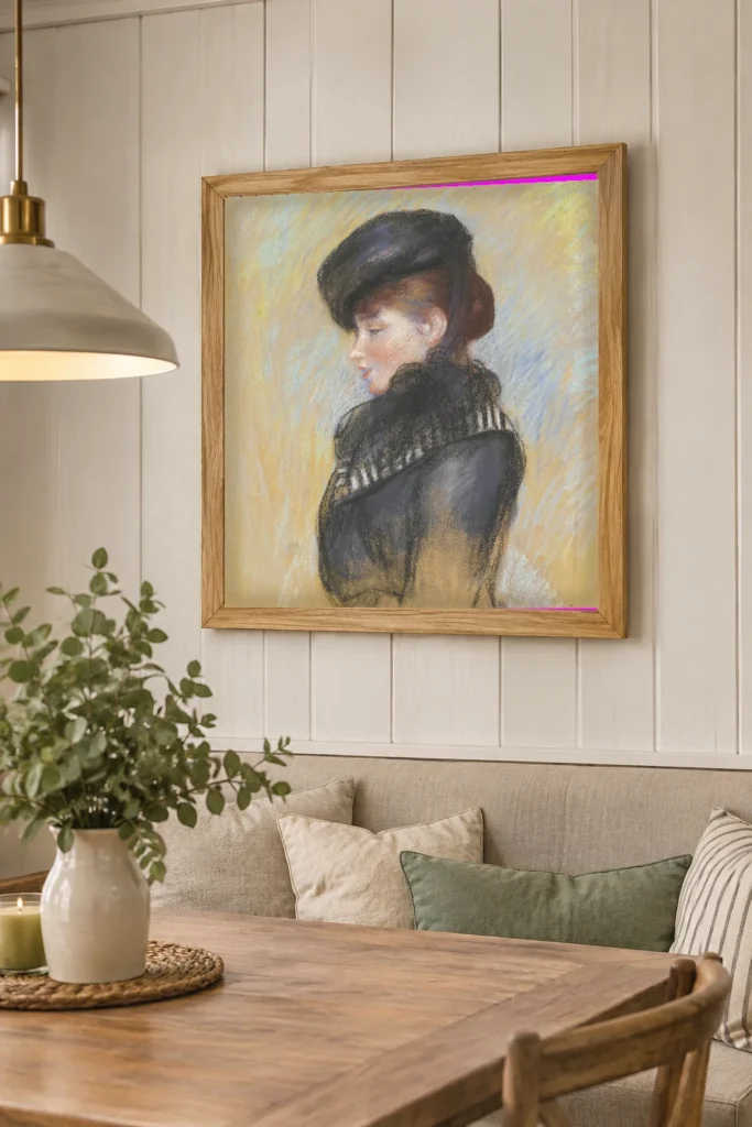 Framed print of Woman in a Black Toque hanging on a wall in a furnished room