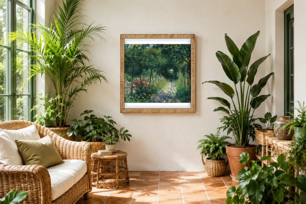 Framed print of Women in a Garden hanging on a wall in a furnished room