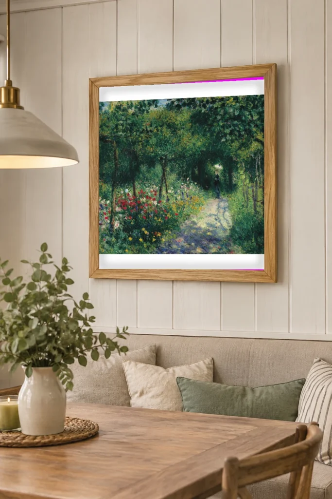 Framed print of Women in a Garden hanging on a wall in a furnished room