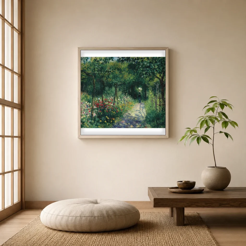 Framed print of Women in a Garden hanging on a wall in a furnished room