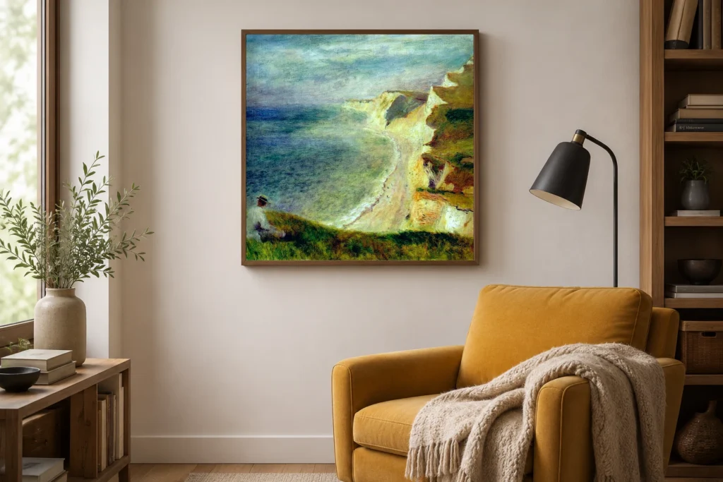 Framed print of Cliffs near Pourville hanging on a wall in a furnished room