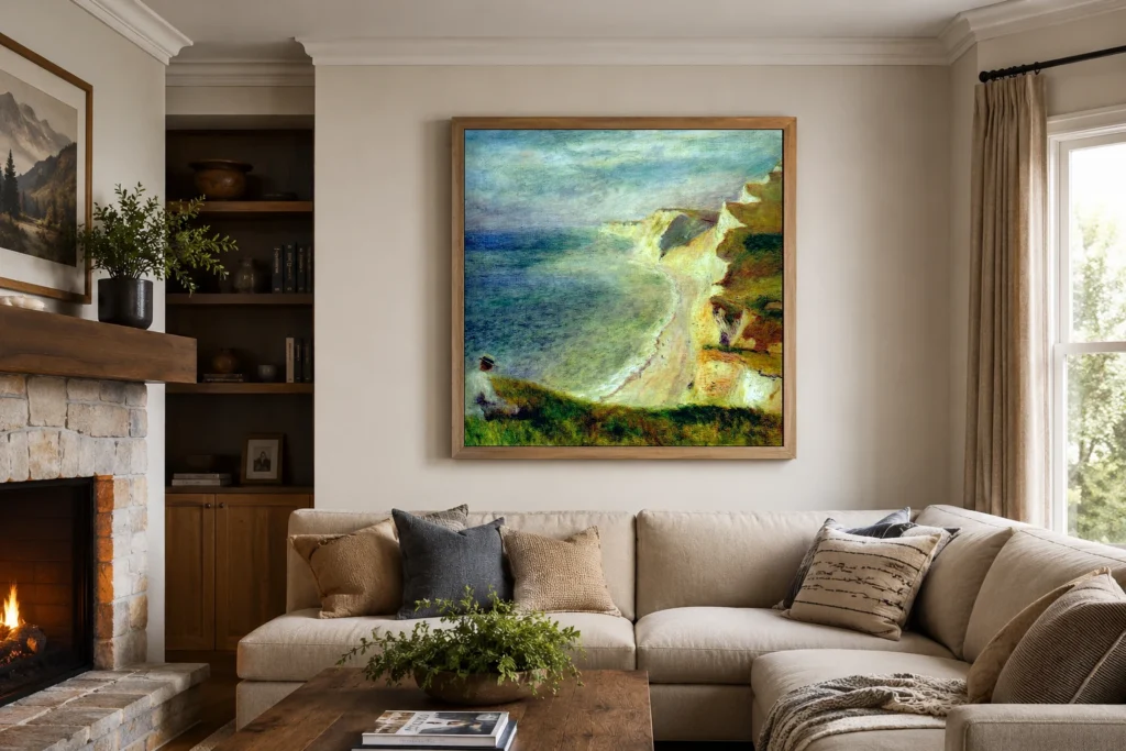 Framed print of Cliffs near Pourville hanging on a wall in a furnished room