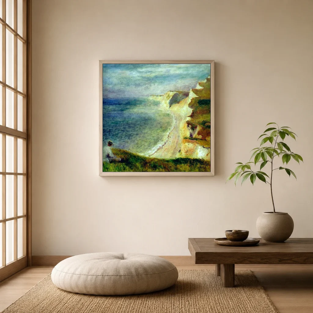 Framed print of Cliffs near Pourville hanging on a wall in a furnished room