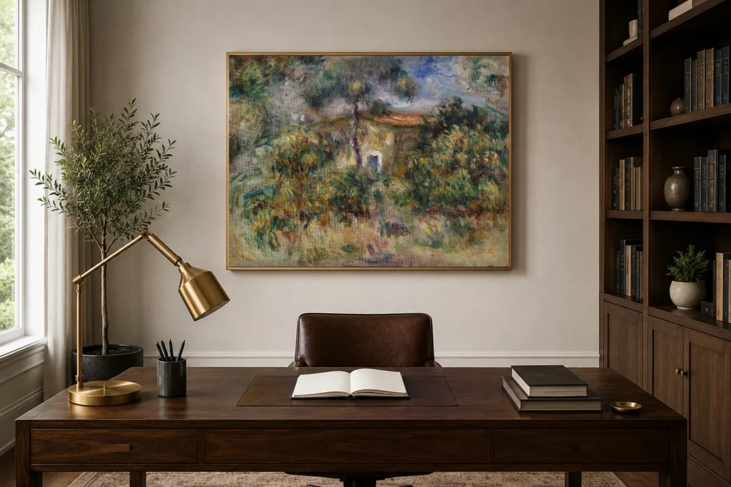 Framed print of Farmhouse (La Ferme) hanging on a wall in a furnished room