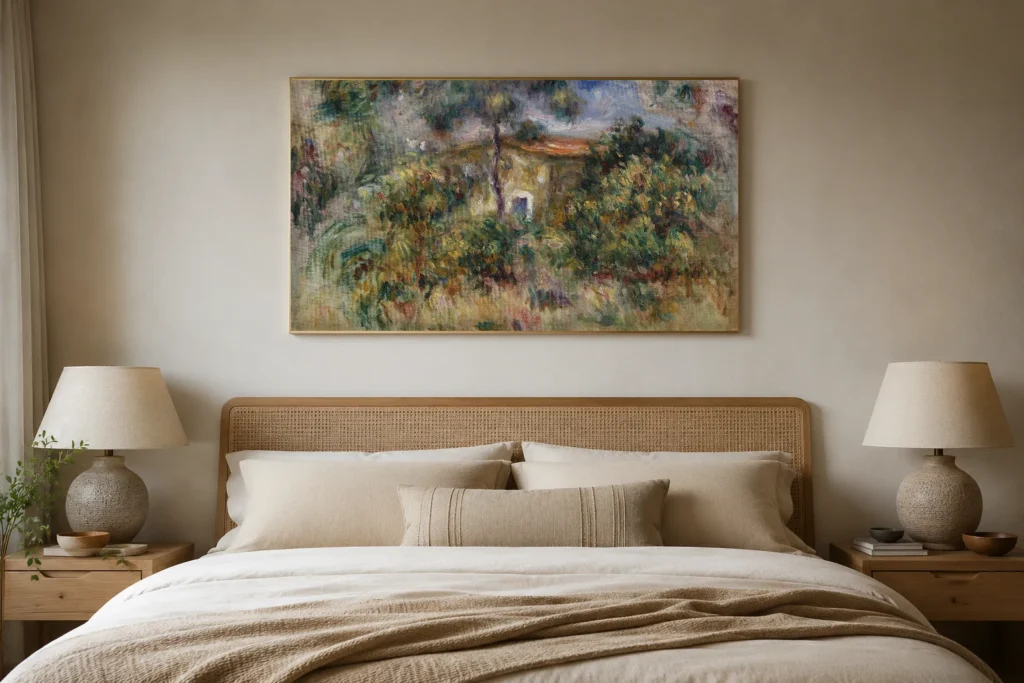 Framed print of Farmhouse (La Ferme) hanging on a wall in a furnished room