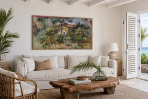 Framed print of Farmhouse (La Ferme) hanging on a wall in a furnished room