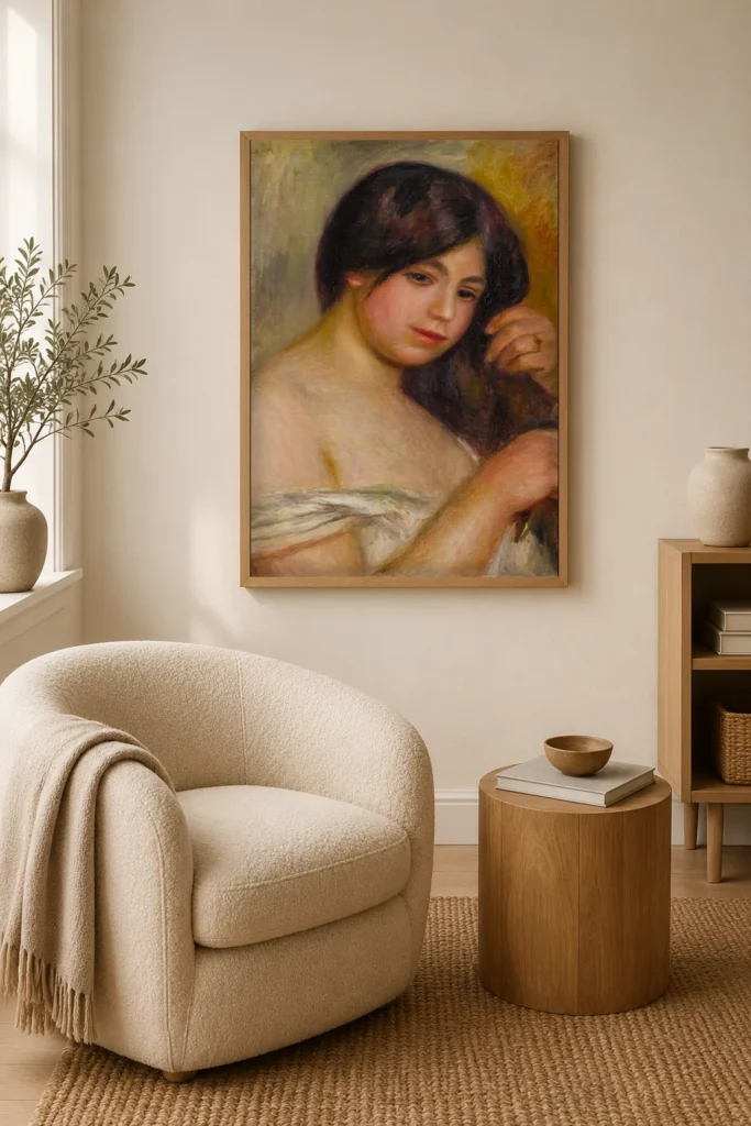 Framed print of Femme Se Peignant hanging on a wall in a furnished room