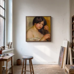 Framed print of Femme Se Peignant hanging on a wall in a furnished room