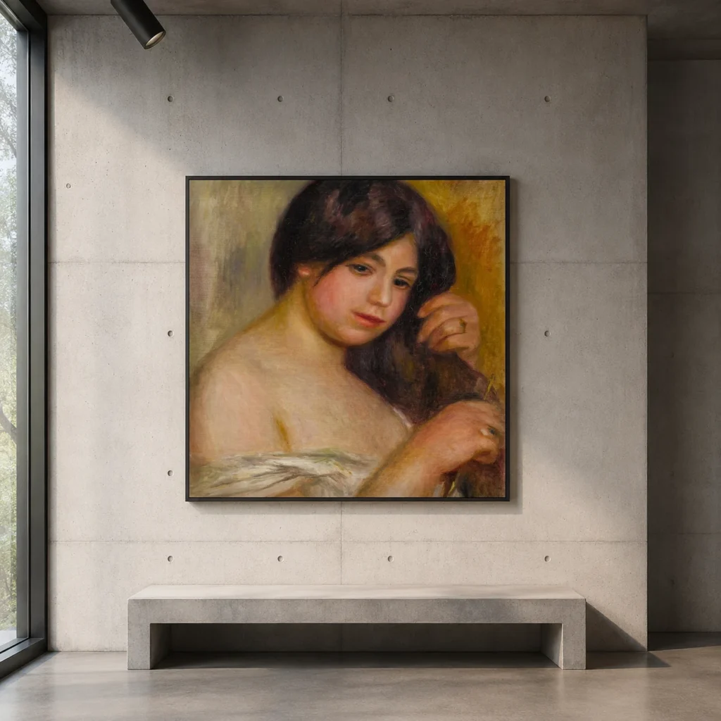 Framed print of Femme Se Peignant hanging on a wall in a furnished room