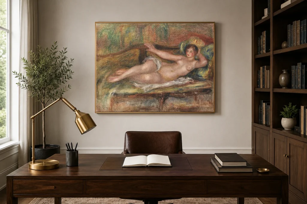Framed print of Reclining Woman hanging on a wall in a furnished room