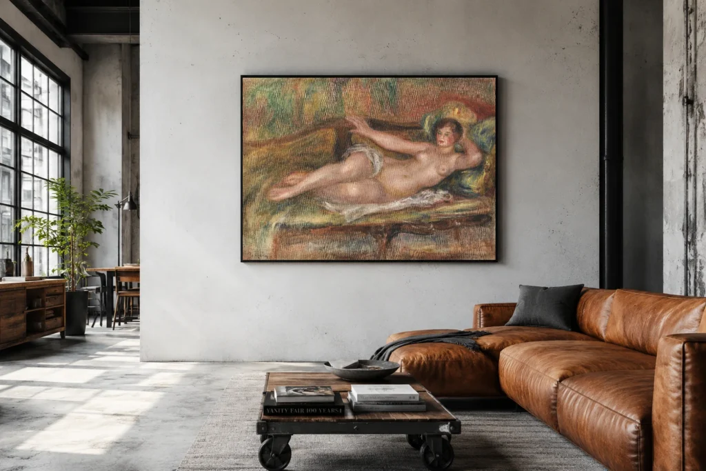 Framed print of Reclining Woman hanging on a wall in a furnished room
