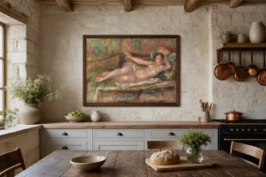 Framed print of Reclining Woman hanging on a wall in a furnished room