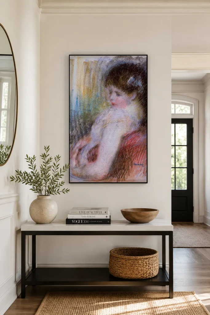Framed print of Seated Woman hanging on a wall in a furnished room