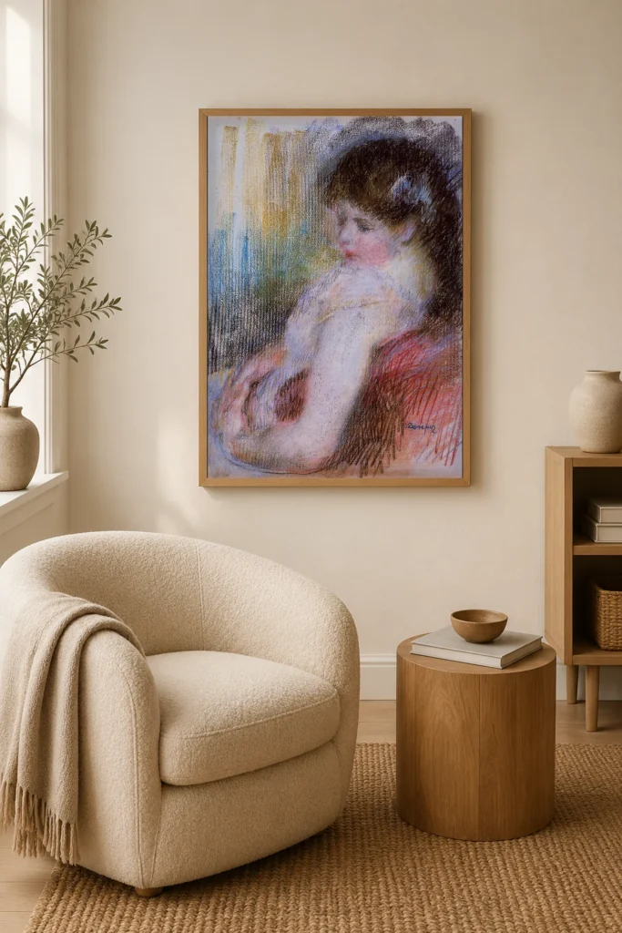 Framed print of Seated Woman hanging on a wall in a furnished room