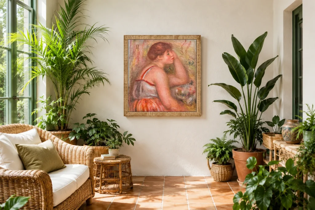 Framed print of Seated Woman in Profile hanging on a wall in a furnished room