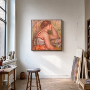 Framed print of Seated Woman in Profile hanging on a wall in a furnished room