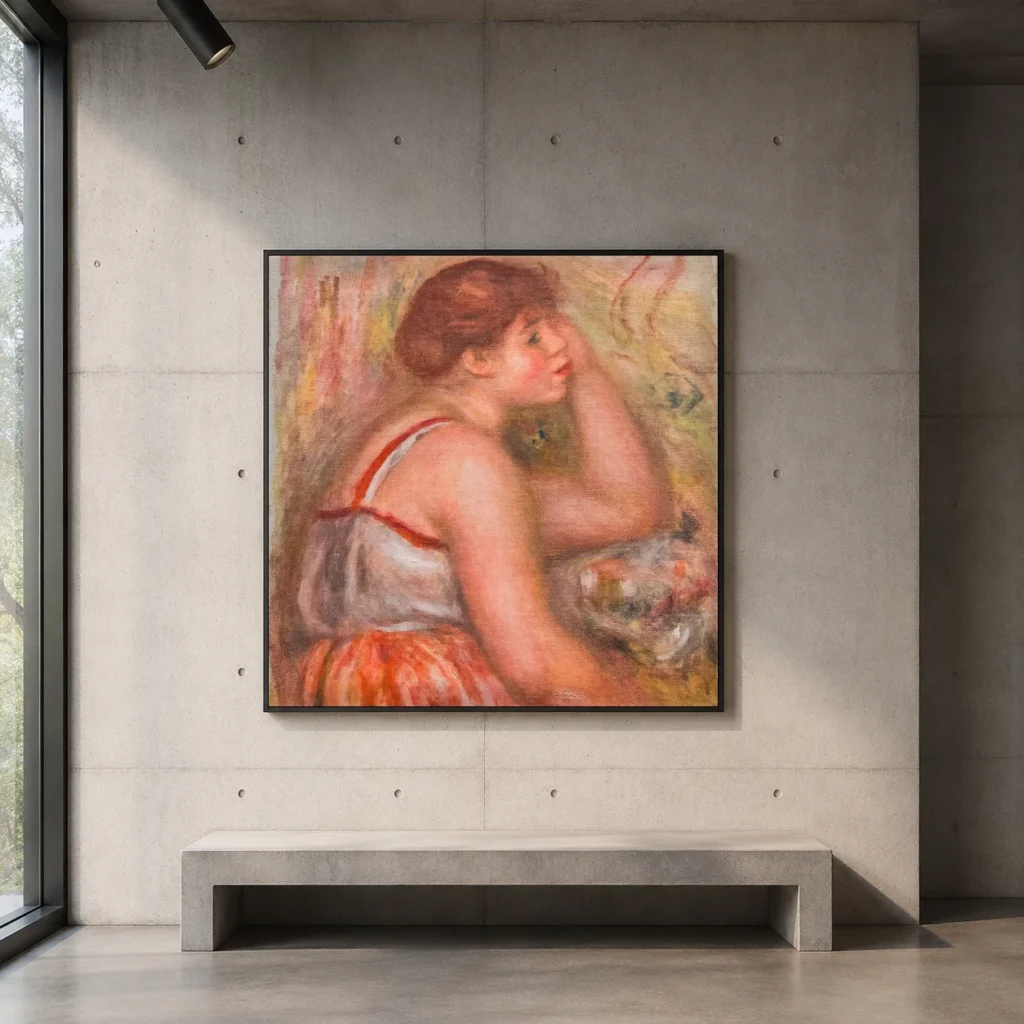 Framed print of Seated Woman in Profile hanging on a wall in a furnished room