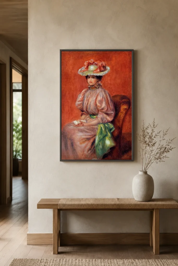 Framed print of Seated Woman in a Red Dress hanging on a wall in a furnished room