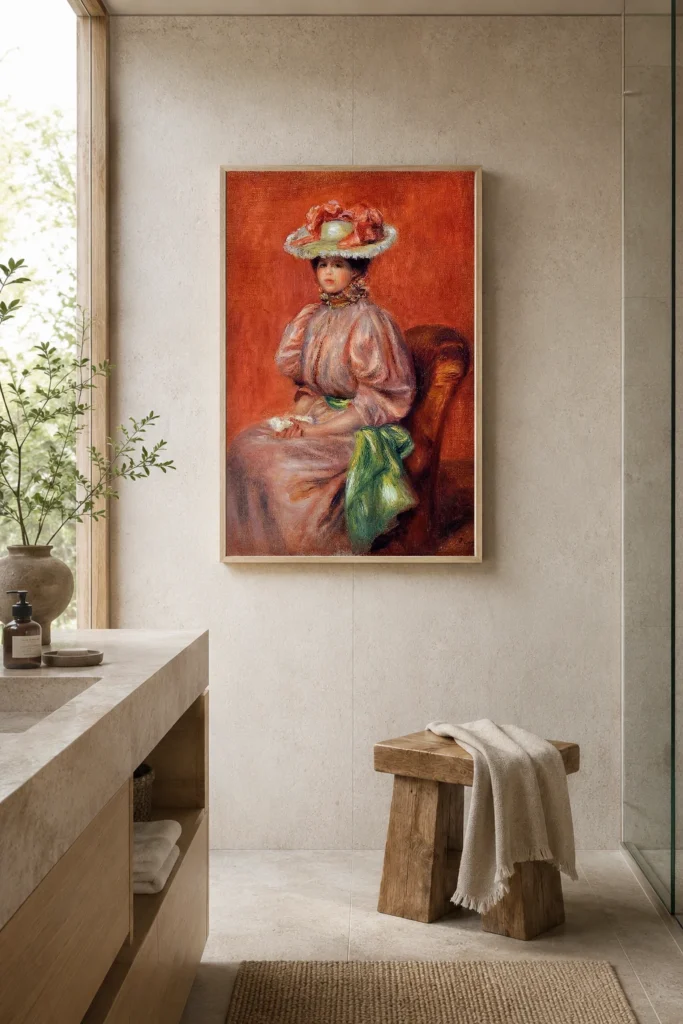 Framed print of Seated Woman in a Red Dress hanging on a wall in a furnished room