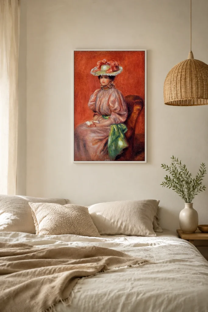 Framed print of Seated Woman in a Red Dress hanging on a wall in a furnished room