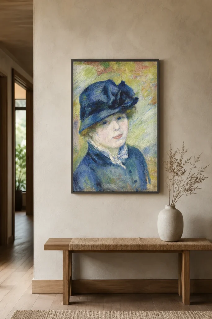 Framed print of Woman with a Hat hanging on a wall in a furnished room