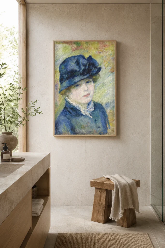 Framed print of Woman with a Hat hanging on a wall in a furnished room