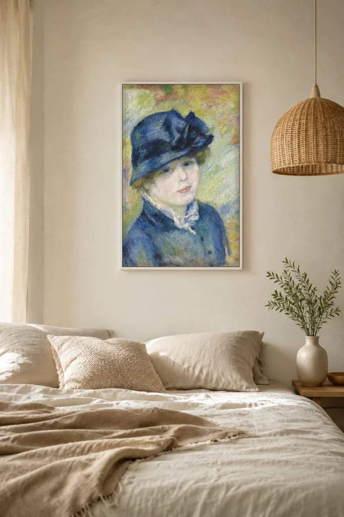 Framed print of Woman with a Hat hanging on a wall in a furnished room