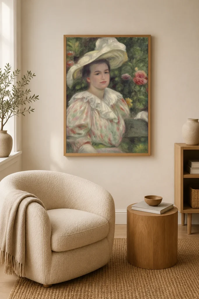 Framed print of Woman in a White Hat Seated on a Bench hanging on a wall in a furnished room