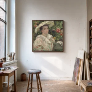 Framed print of Woman in a White Hat Seated on a Bench hanging on a wall in a furnished room