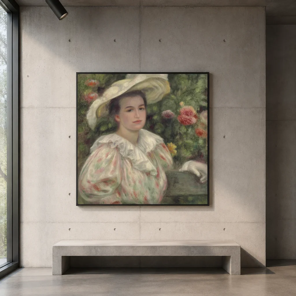 Framed print of Woman in a White Hat Seated on a Bench hanging on a wall in a furnished room
