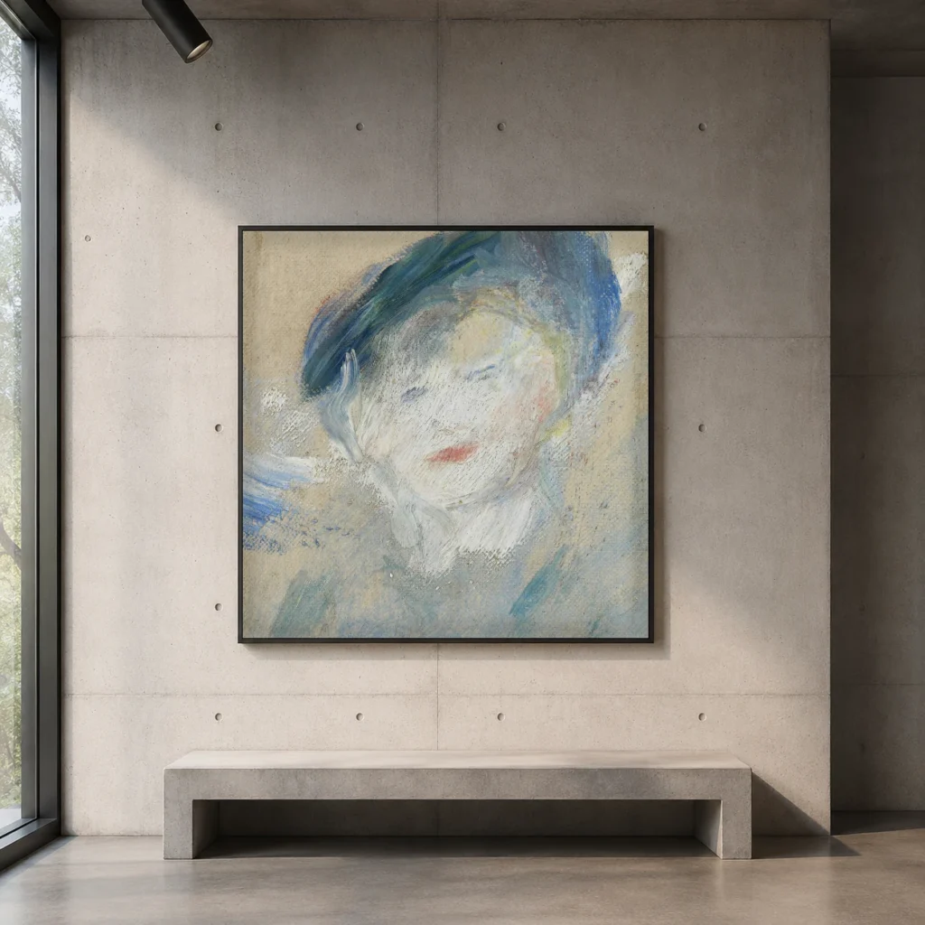 Framed print of Woman in Blue Hat hanging on a wall in a furnished room