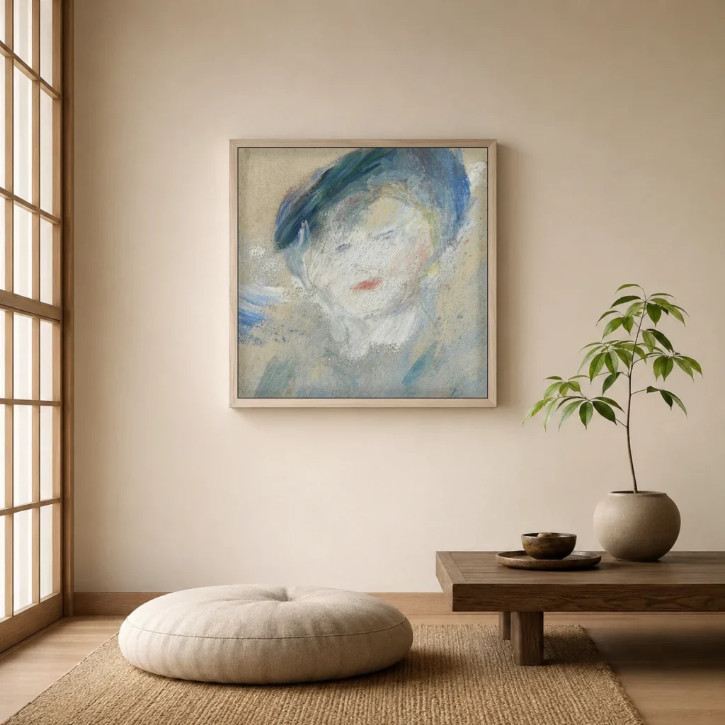 Framed print of Woman in Blue Hat hanging on a wall in a furnished room