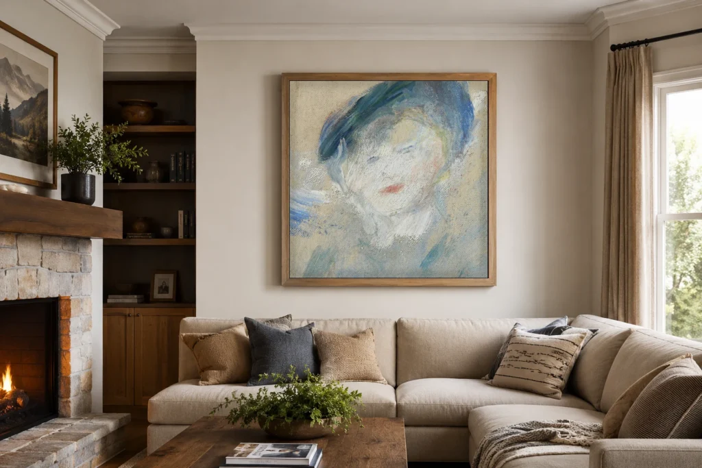 Framed print of Woman in Blue Hat hanging on a wall in a furnished room