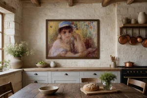 Framed print of Woman in Straw Hat hanging on a wall in a furnished room