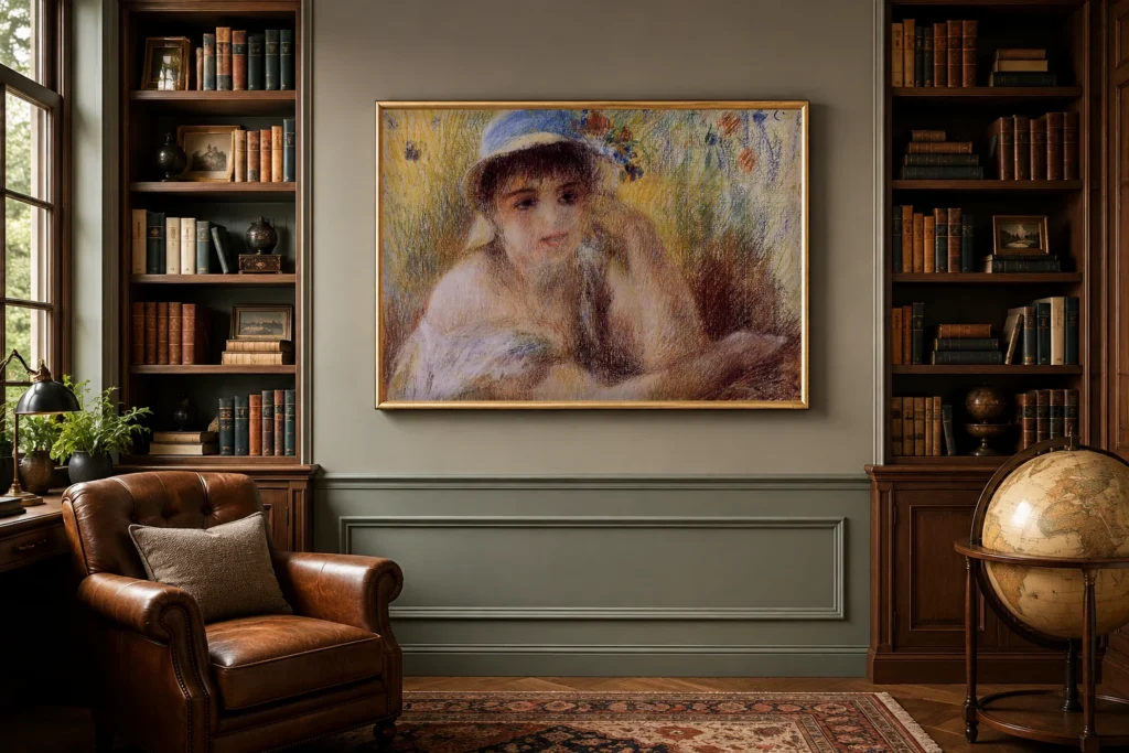 Framed print of Woman in Straw Hat hanging on a wall in a furnished room