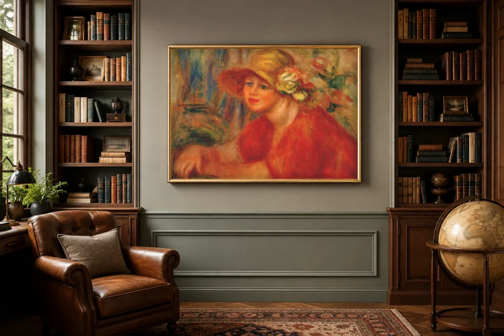 Framed print of Woman in Flowered Hat, Red Bodice, Hands Crossed hanging on a wall in a furnished room